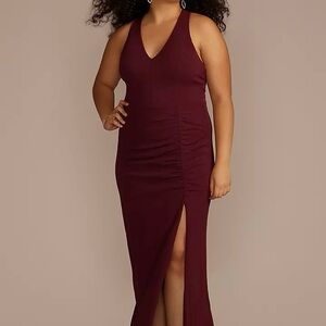 David’s Bridal Ruched Crepe Halter Neck Sheath with Slit